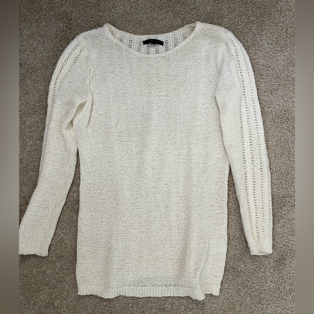 Rachel Zoe Cream Open-Stitch Lightweight Crew Sweater
